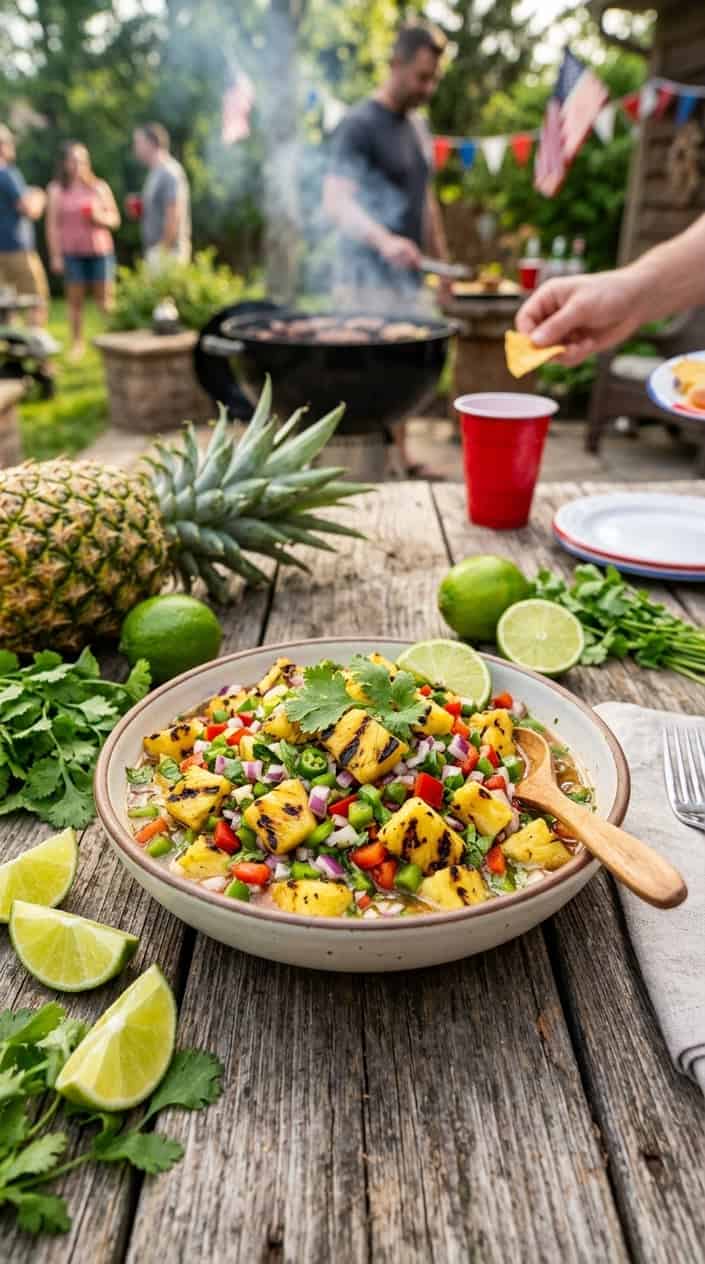 A bowl of charred pineapple BBQ salsa on a wooden table surrounded by fresh ingredients with a grill in the background.