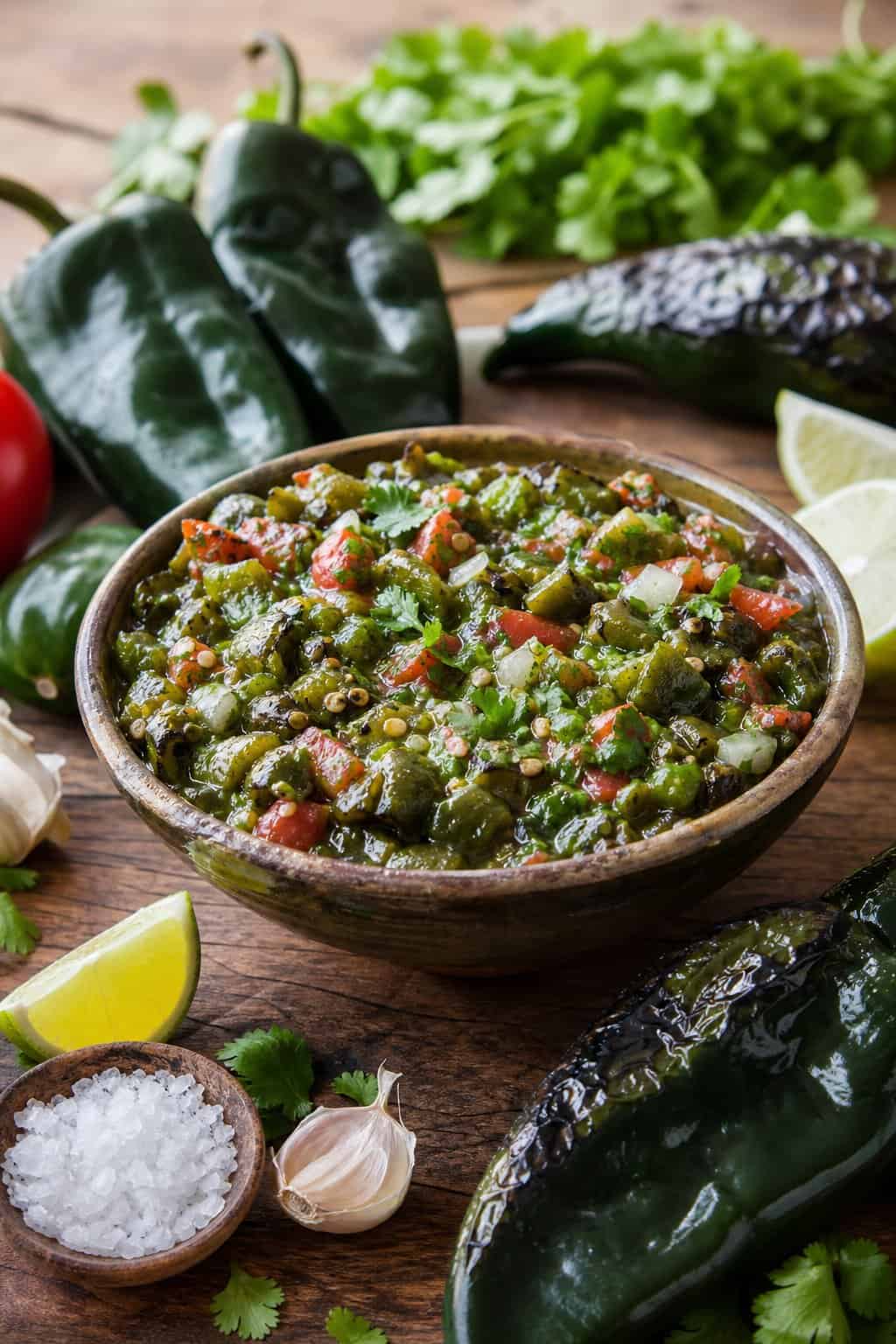 A bowl of charred poblano pepper salsa on a wooden table surrounded by fresh poblano peppers, lime wedges, garlic, and sea salt.