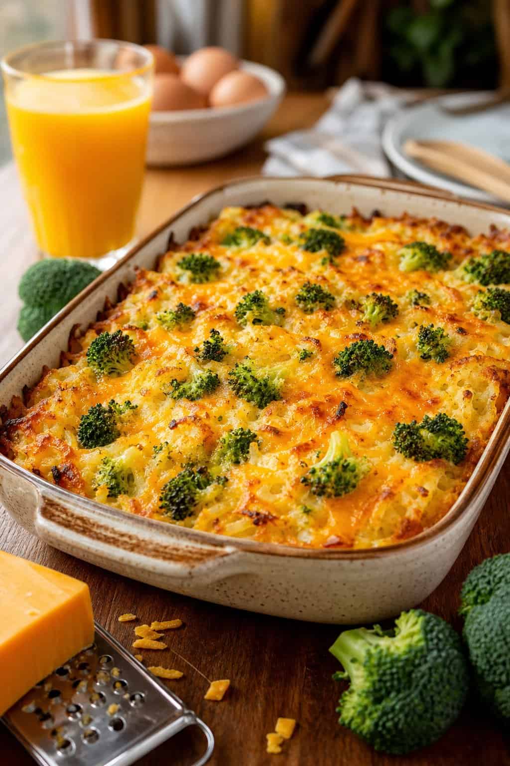 A baked cheddar broccoli hashbrown casserole in a white ceramic dish with soft broccoli florets and melted cheese visible throughout, on a wood table with a small head of fresh broccoli and a block of cheddar nearby.