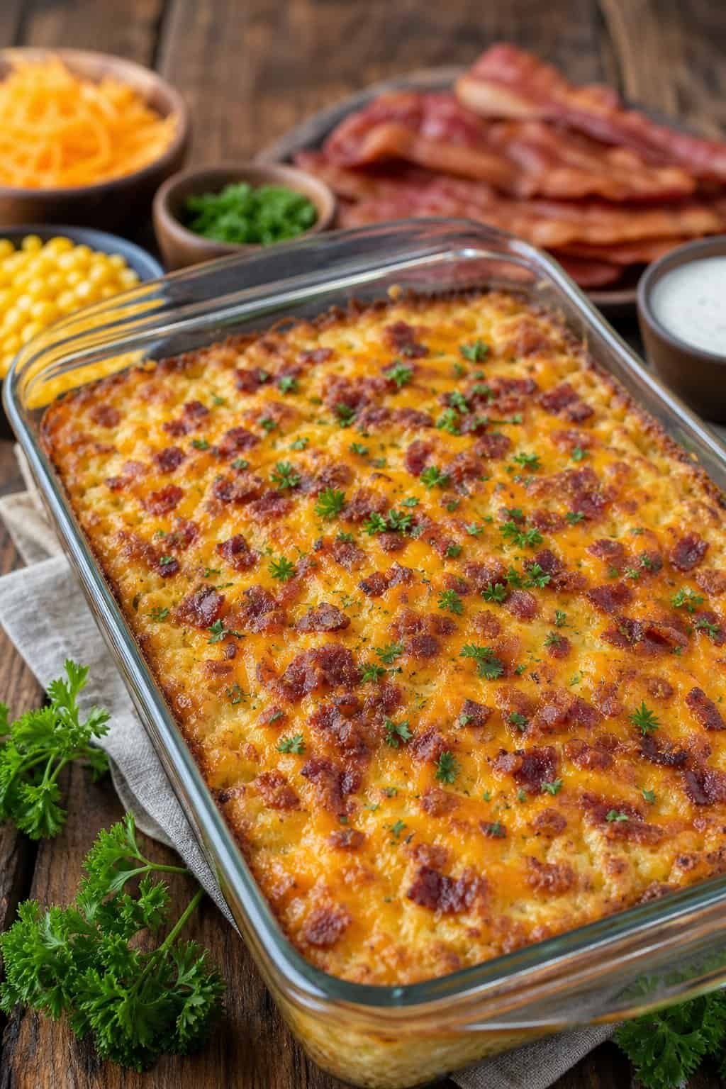 A freshly baked corn casserole loaded with visible bacon crumbles and a bubbly cheddar top in a glass baking dish on a wooden table, with a small bowl of ranch seasoning and crumbled bacon to the side.