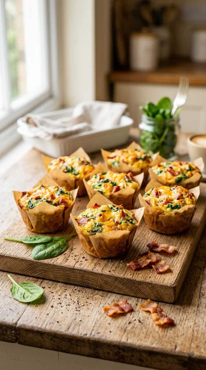 A close-up of cheesy bacon and spinach egg muffins arranged on a wooden board with fresh spinach leaves and bacon strips around them.