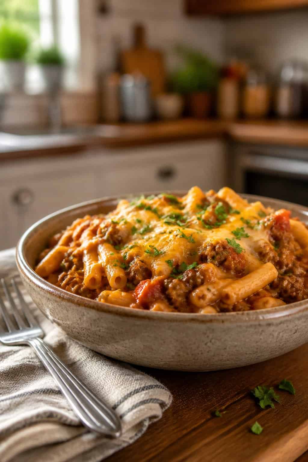 A bowl of cheesy beef and pasta dinner garnished with parsley on a wooden table with a fork and napkin nearby.