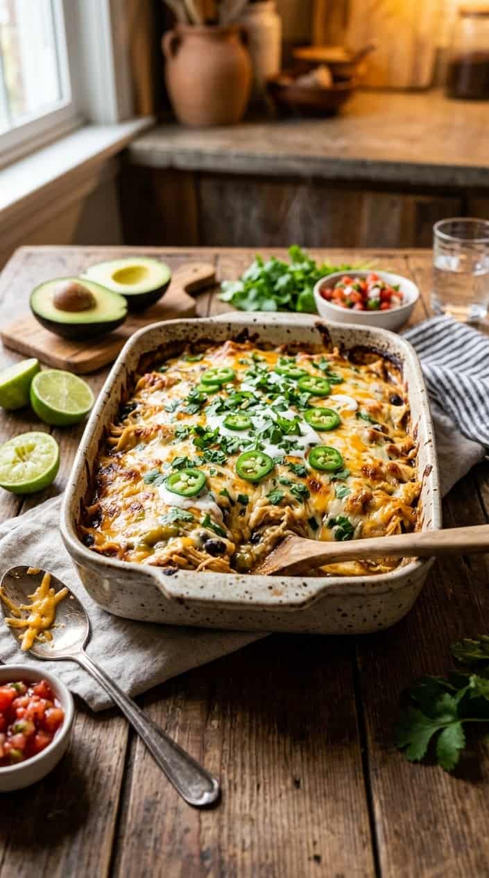 A cheesy chicken enchilada casserole in a ceramic dish on a wooden table with fresh ingredients around it.