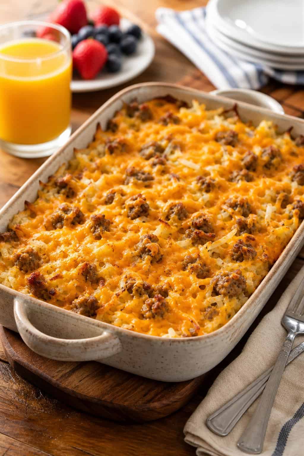 A freshly baked hashbrown casserole with crumbled sausage and melted cheese in a white ceramic dish, sitting on a wood table next to a glass of orange juice and a bowl of fresh berries.