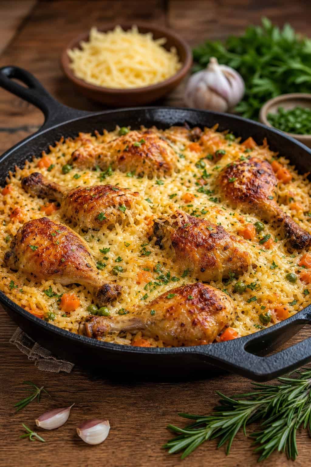 A cast iron skillet with golden baked chicken legs resting on a bed of cheesy rice studded with peas and onion, on a wooden table.