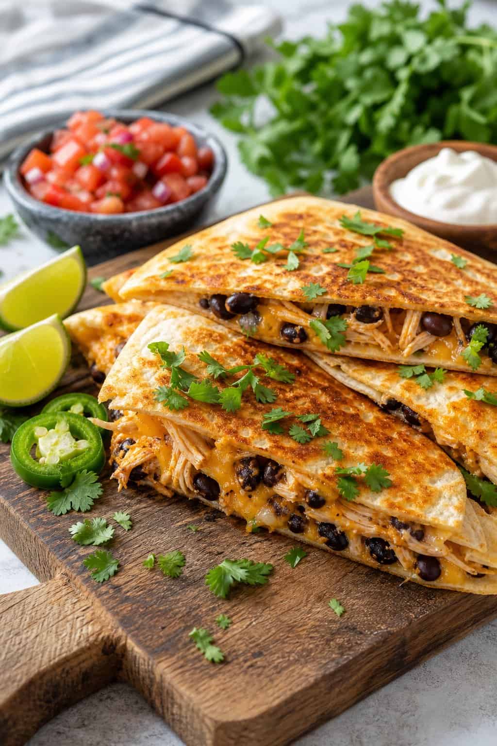 15 Leftover Chicken Recipes for Busy Weeknights 9 A wooden cutting board with golden-brown quesadilla wedges, garnished with fresh cilantro, sliced jalapeños, lime wedges, and small bowls of salsa and sour cream alongside.