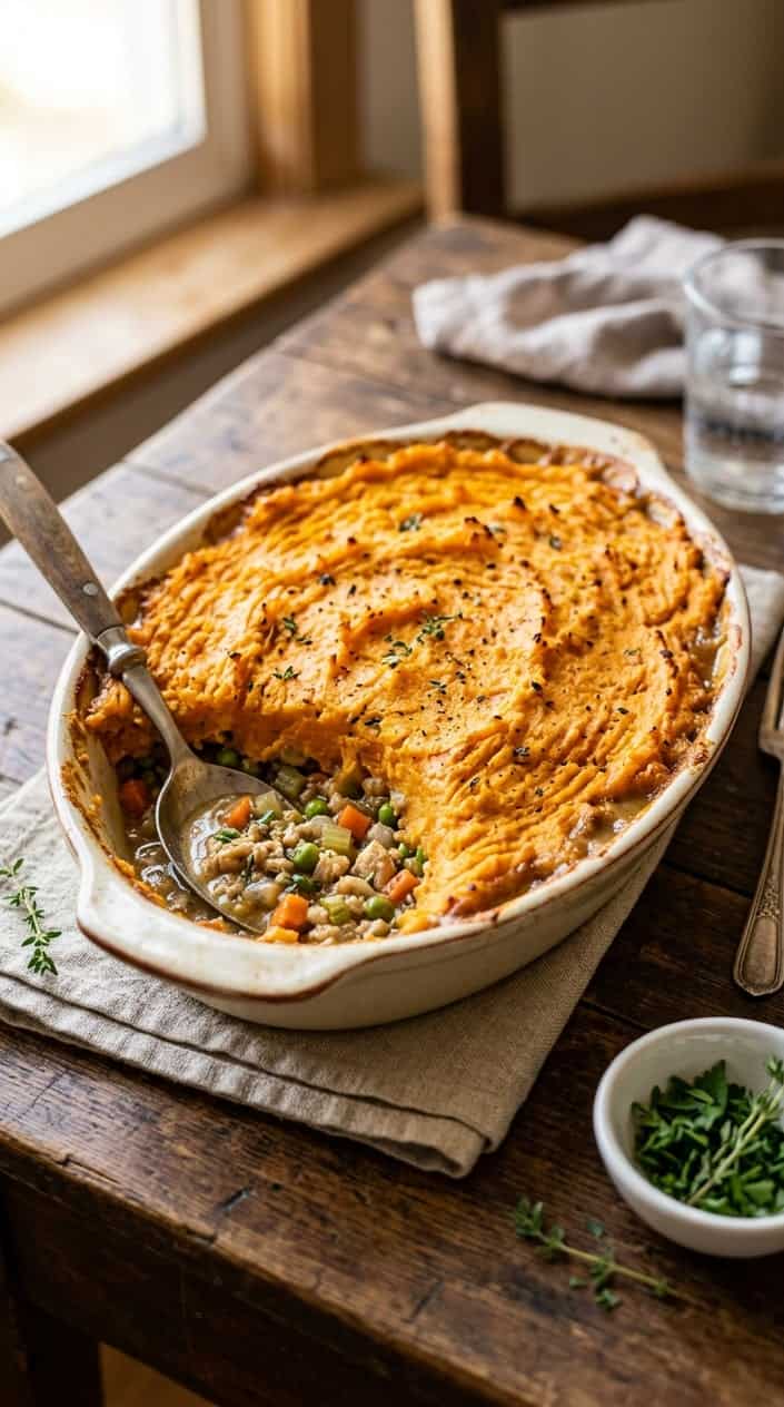 A freshly baked chicken and sweet potato shepherd’s pie in a ceramic dish on a wooden table with a serving spoon and fresh herbs nearby.