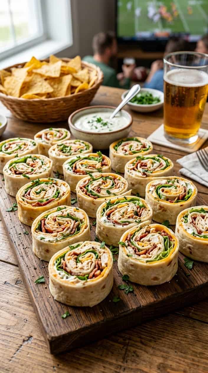 16 Easy Game Day Recipes for a Crowd 12 A platter of chicken bacon ranch pinwheels arranged on a wooden board with a bowl of dipping sauce and tortilla chips nearby.