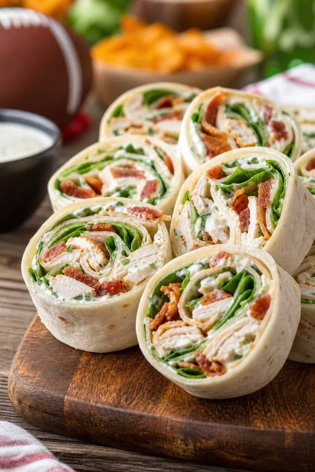 Close-up of sliced chicken bacon ranch pinwheels arranged on a wooden board showing shredded chicken, chopped bacon, and cheddar in a creamy ranch filling, with a small dipping sauce bowl in the background.