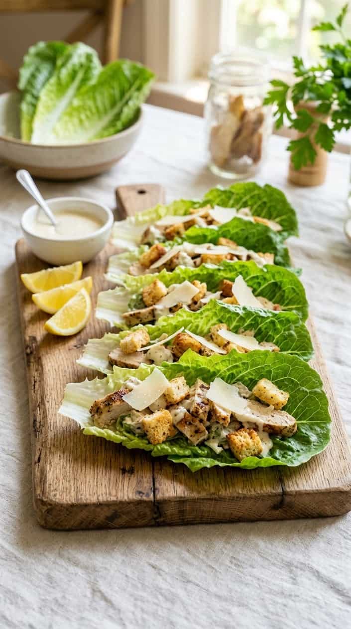 Chicken Caesar lettuce wraps on a wooden board with lemon wedges and a bowl of dressing on a light table.