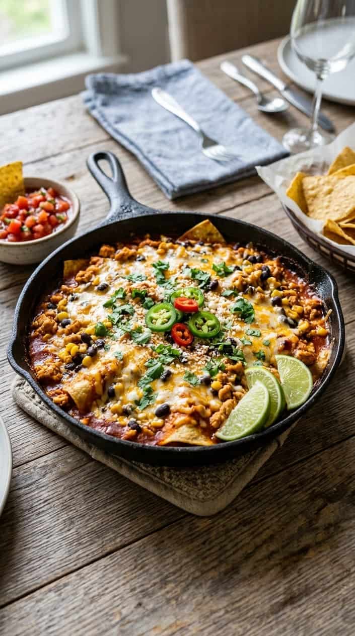 A skillet filled with cooked ground chicken enchiladas topped with melted cheese and black beans, garnished with cilantro and lime wedges on a wooden table.