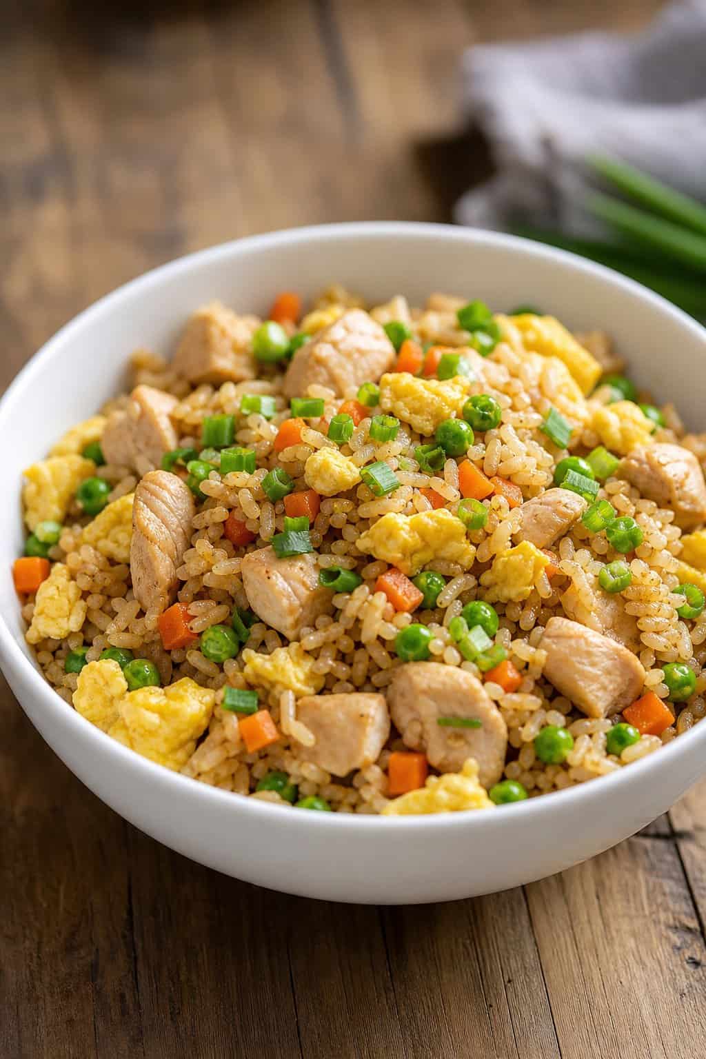 A ceramic bowl of chicken fried rice with visible peas, diced carrots, fluffy scrambled egg pieces, and sliced scallions, the rice grains separate and lightly glossed with soy sauce.