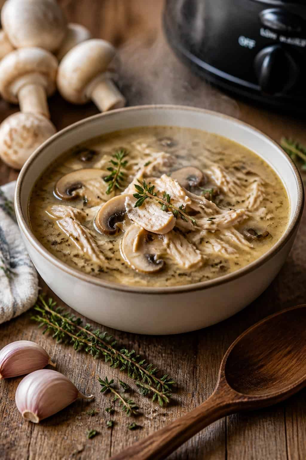 A bowl of chicken, mushroom, and thyme soup on a wooden table with fresh mushrooms and thyme nearby.