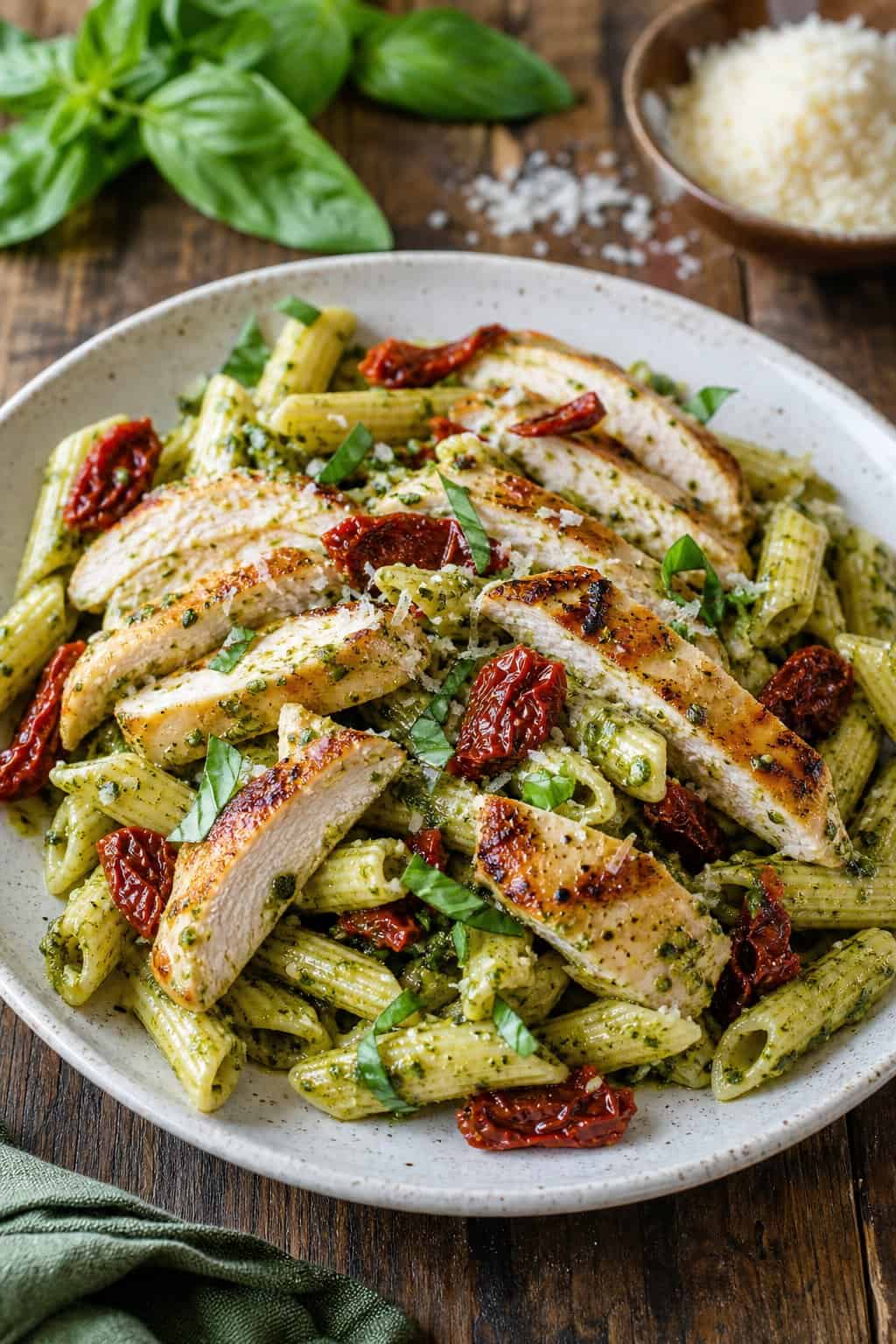 15 Leftover Chicken Recipes for Busy Weeknights 6 A white plate of rotini pasta coated in bright green pesto with shredded chicken and dark red sun-dried tomatoes scattered throughout, on a wooden table.