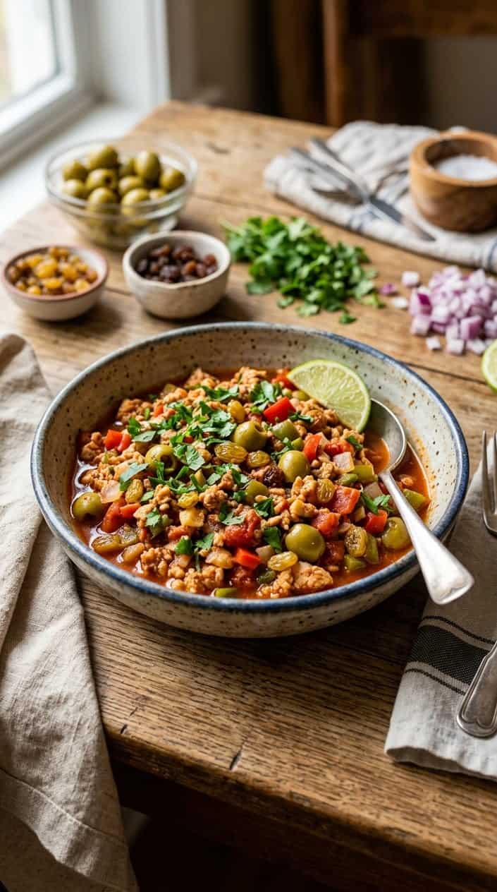 A bowl of chicken picadillo with ground chicken, green olives, raisins, and vegetables on a wooden table with fresh ingredients nearby.