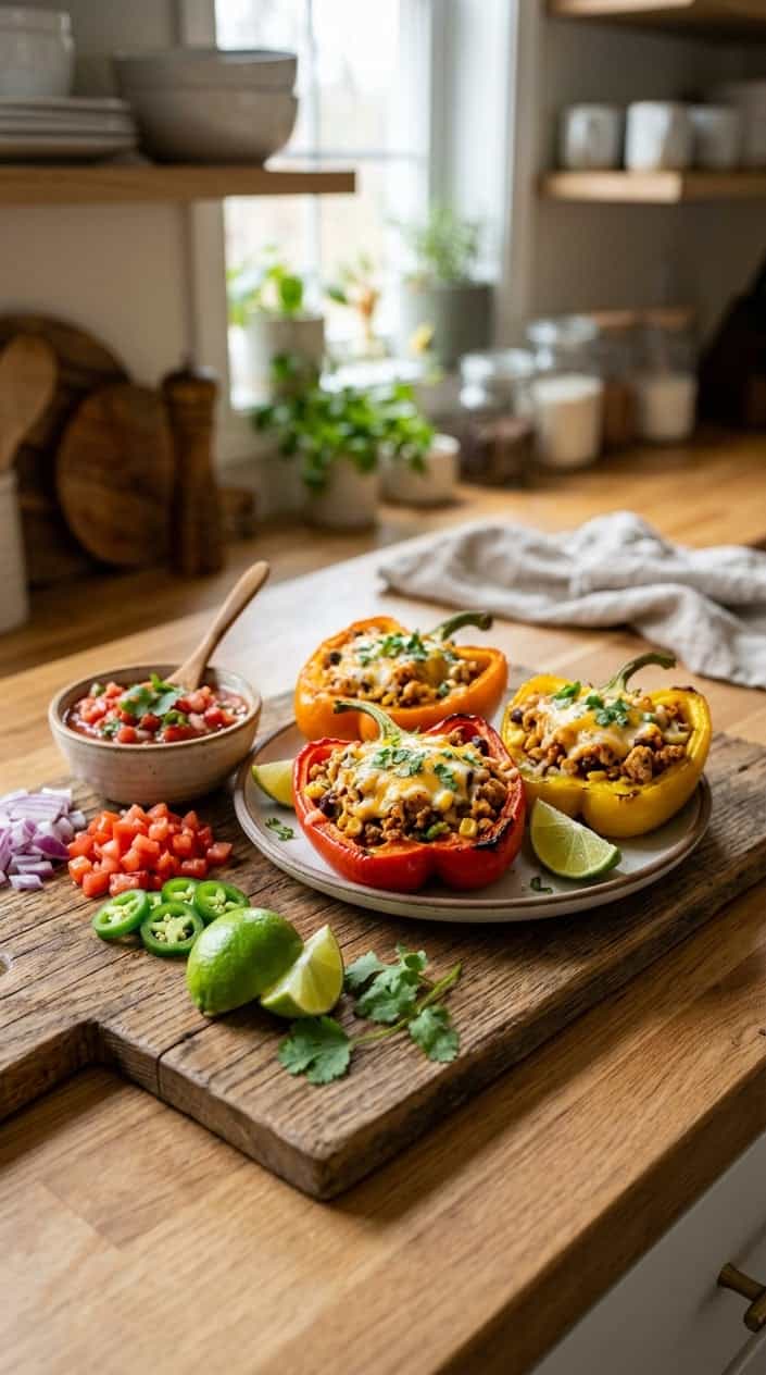 Bell peppers stuffed with ground chicken taco filling, melted cheese, and cilantro on a wooden board with fresh ingredients around.