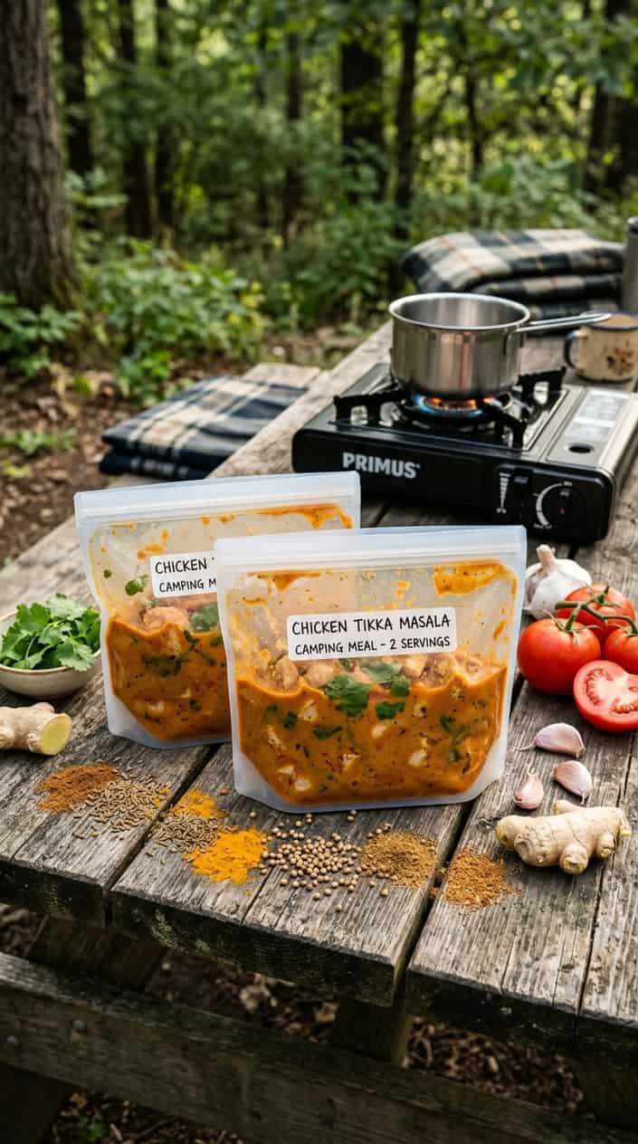 17 Camping Meals You Can Prep Ahead and Heat Over a Single-Burner Stove 8 Silicone freezer bags filled with chicken tikka masala arranged on a wooden surface with fresh spices and ingredients nearby and a compact camping stove in the background.