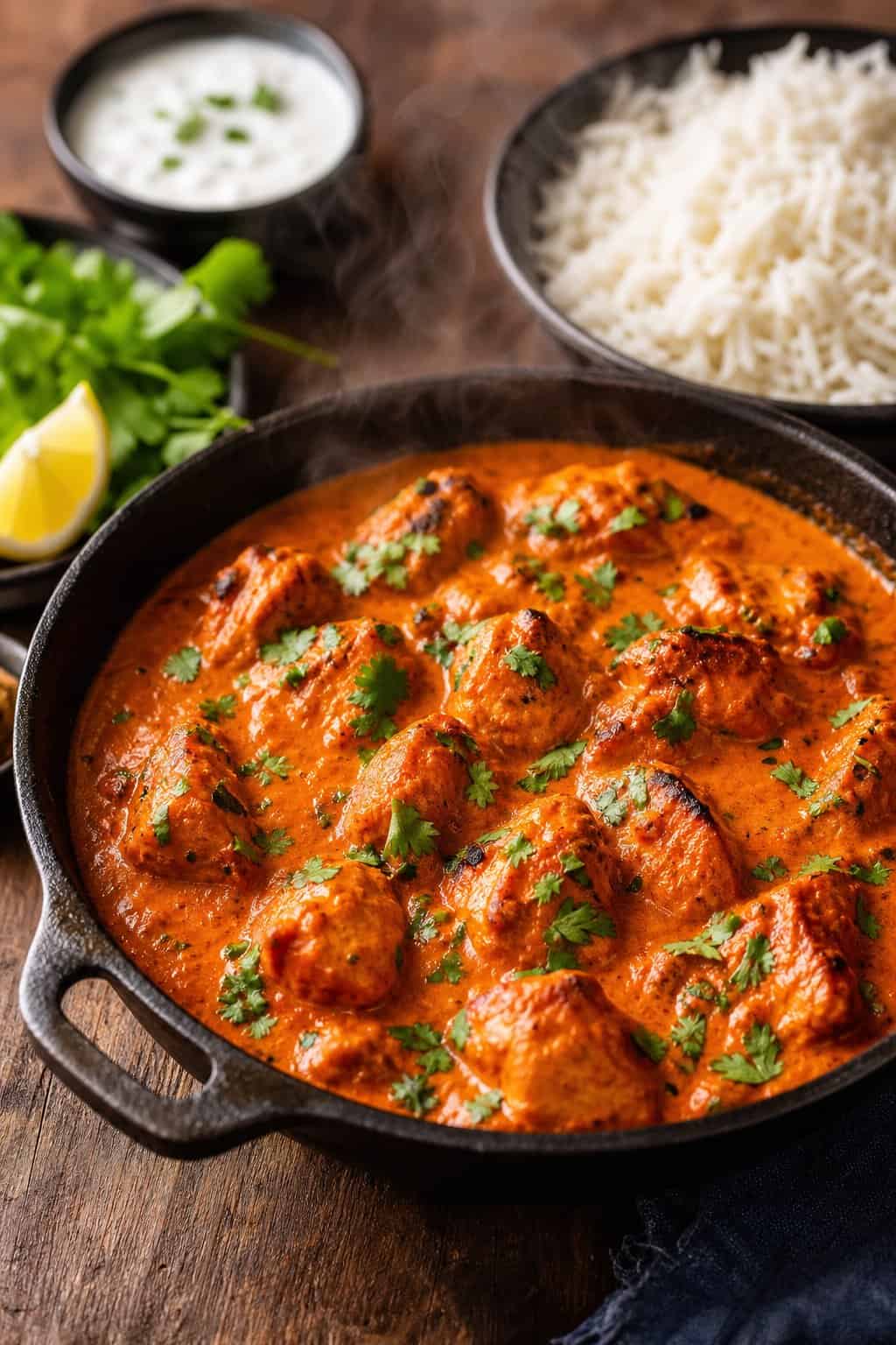 A large cast iron skillet filled with orange-red tikka masala sauce and shredded chicken, surrounded by a small bowl of rice, lemon wedges, and fresh herbs on a wooden table.