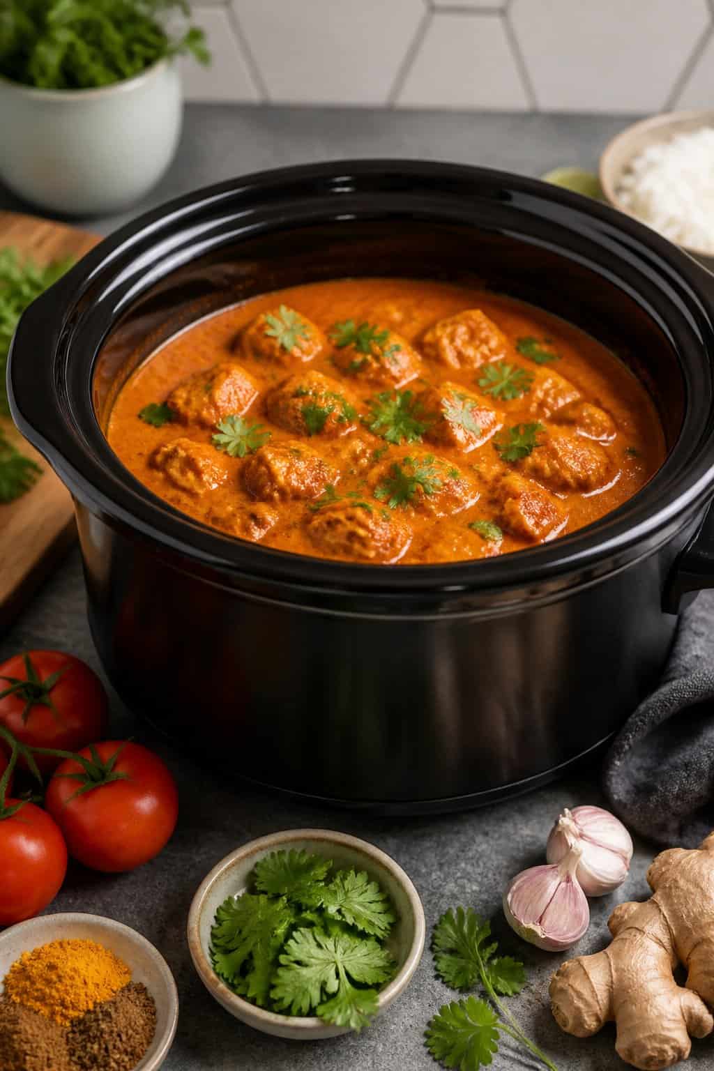 Slow cooker filled with Chicken Tikka Masala surrounded by fresh ingredients on a kitchen countertop.