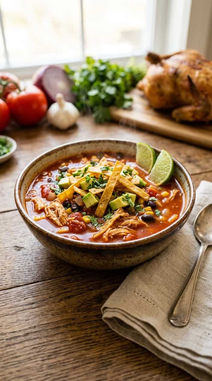 A bowl of chicken tortilla soup with shredded chicken, tortilla strips, avocado, and cilantro on a wooden table.