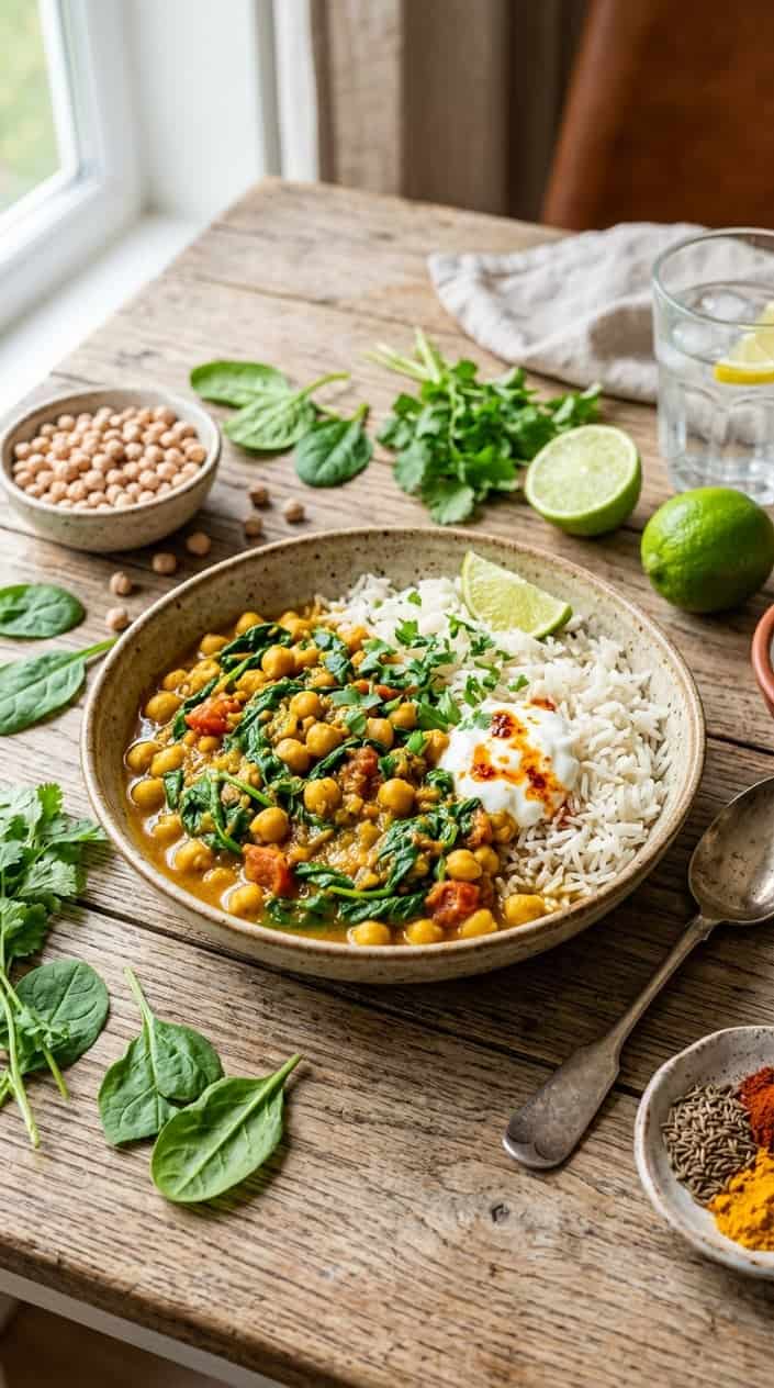 17 Summer Dinner Ideas When You're Tired of Grilling and Also Tired of Thinking 8 A deep ceramic bowl of golden-orange chickpea and spinach curry ladled over white rice, with dark green wilted spinach visible through the glossy coconut milk sauce, on a wooden table surrounded by scattered dried spices.