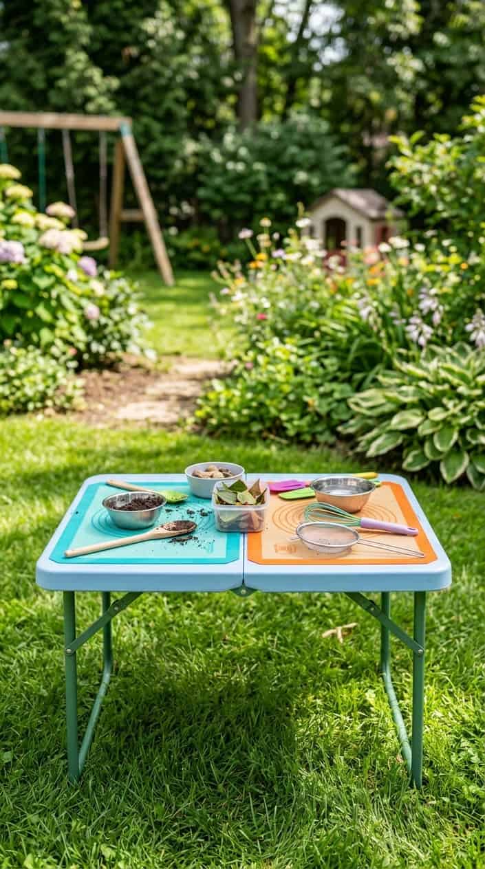 12 Mud Kitchen Setups for Kids (Using Mostly Stuff You Already Have Outside) 9 A child-size folding table outdoors with colorful silicone baking mats and kid-friendly mud kitchen tools on a grassy backyard.