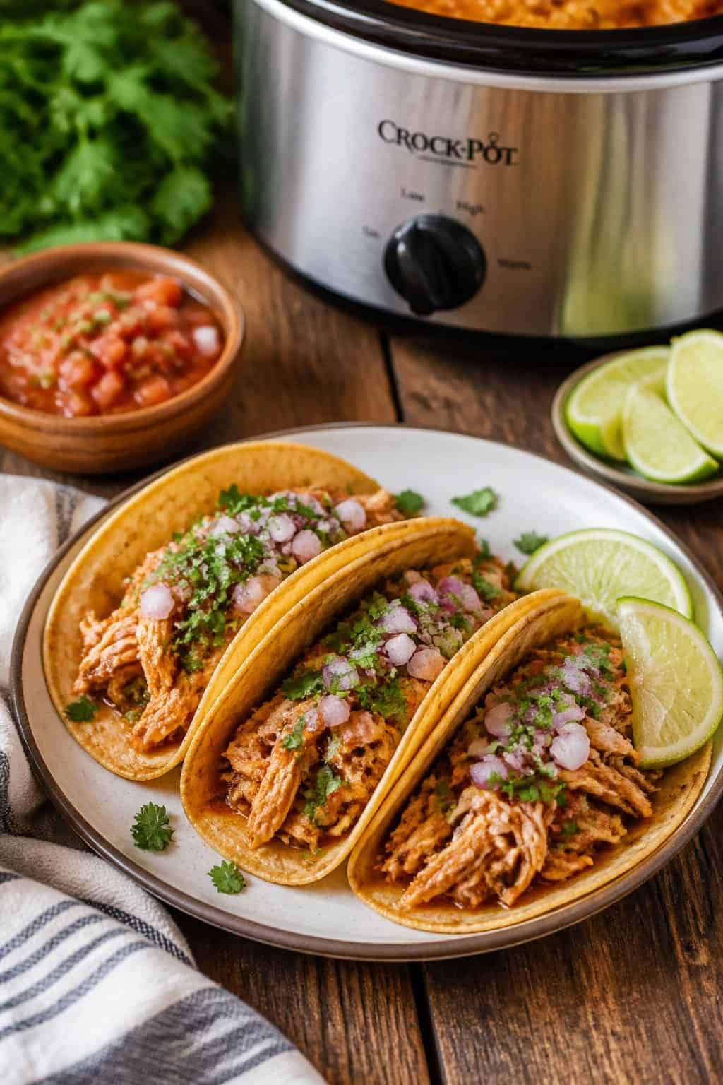 Three chili lime chicken tacos on a plate with lime wedges and fresh cilantro on a wooden table.