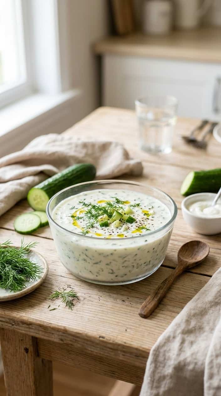 A bowl of chilled cucumber and dill soup with fresh ingredients on a wooden table.