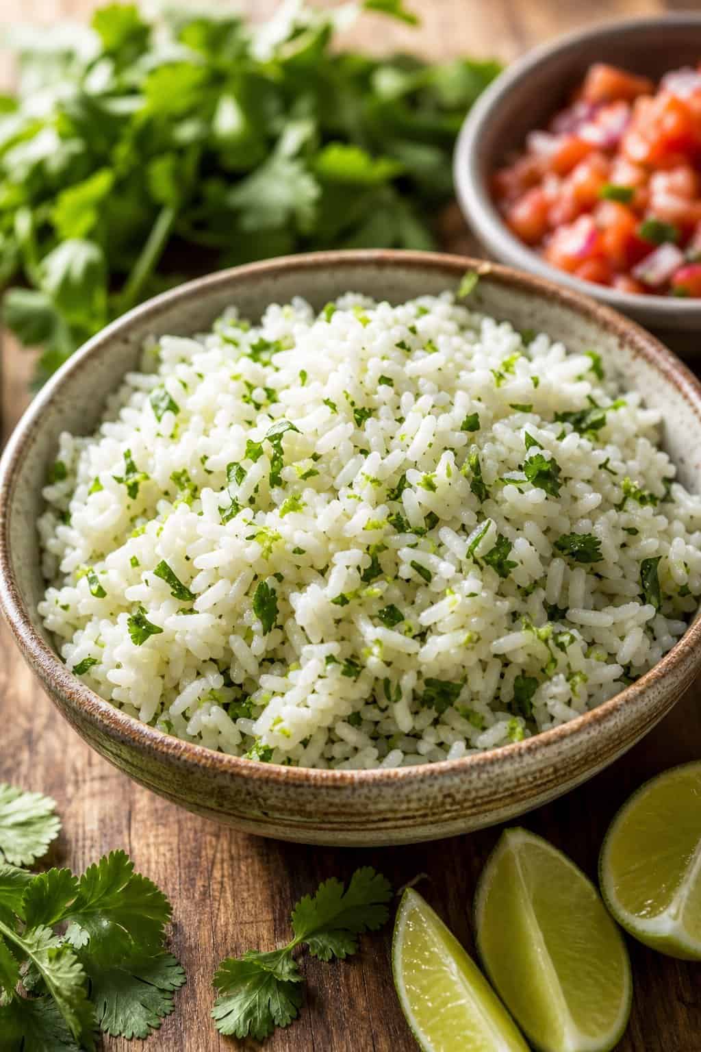 A bowl of white rice mixed with chopped cilantro and lime zest on a wooden table with lime wedges and cilantro sprigs nearby.