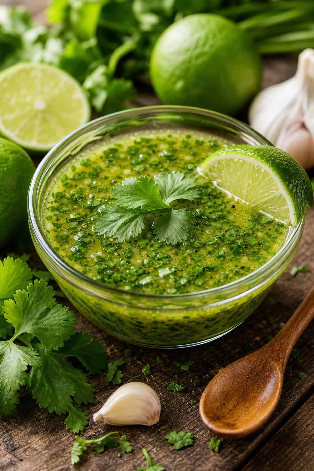 A bowl of green cilantro-lime vinaigrette surrounded by fresh cilantro, limes, and garlic on a wooden table.