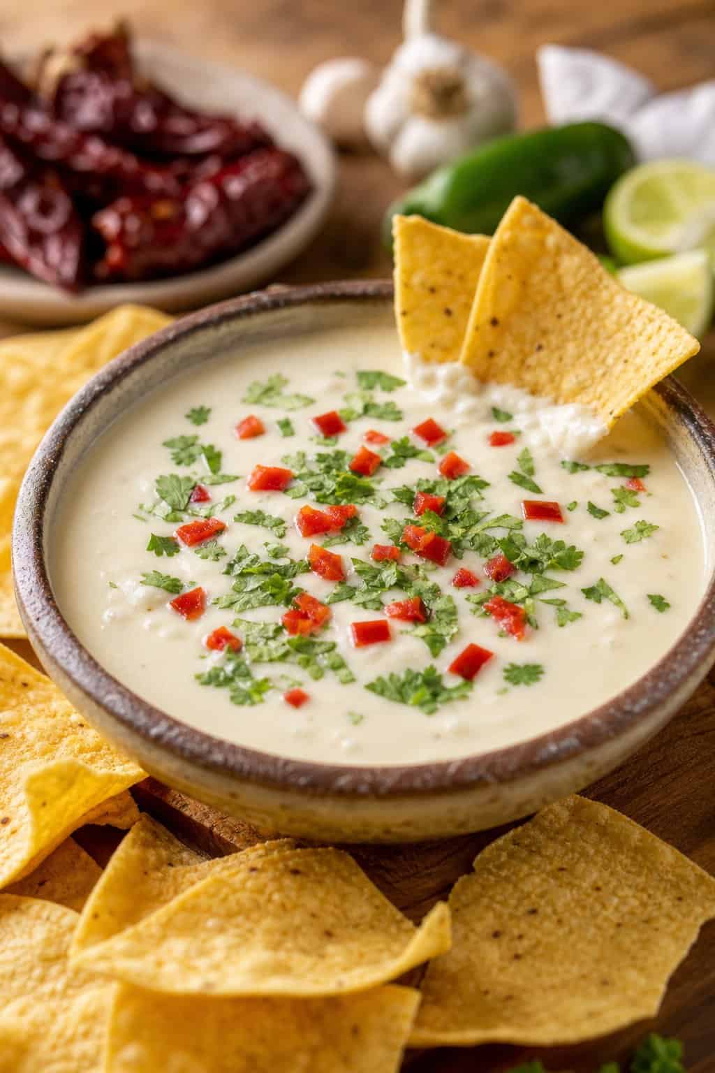 A bowl of creamy white queso blanco dip garnished with cilantro and red chili pieces, surrounded by tortilla chips on a wooden surface.