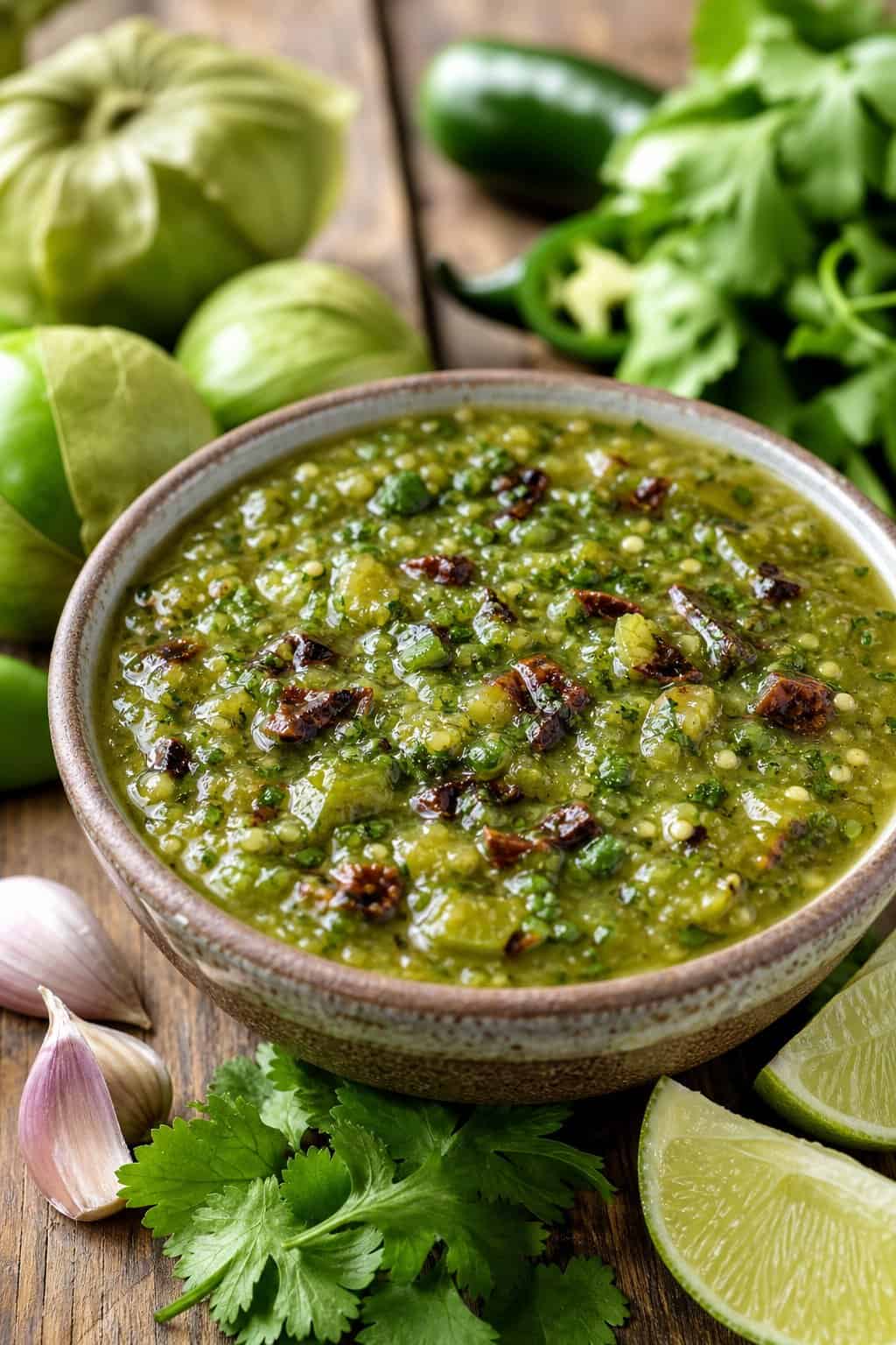 A bowl of green salsa verde surrounded by fresh tomatillos, lime wedges, garlic, and cilantro on a wooden surface.