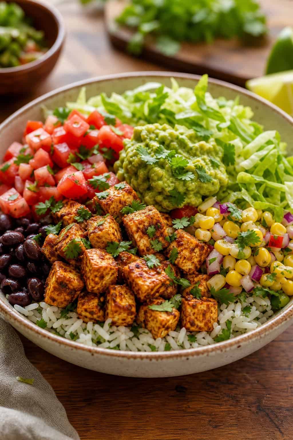 A bowl filled with sofritas tofu, rice, black beans, corn salsa, tomatoes, lettuce, and guacamole on a wooden table.
