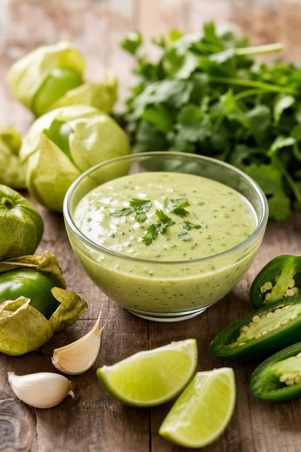 A bowl of creamy green tomatillo dressing surrounded by fresh tomatillos, jalapeños, garlic, lime wedges, and cilantro on a wooden table.