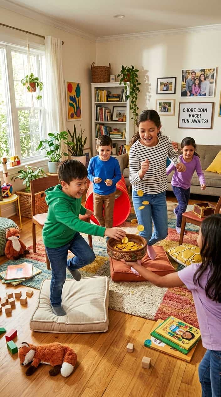 A group of children playing a fun indoor race game involving collecting coins in a bright living room.