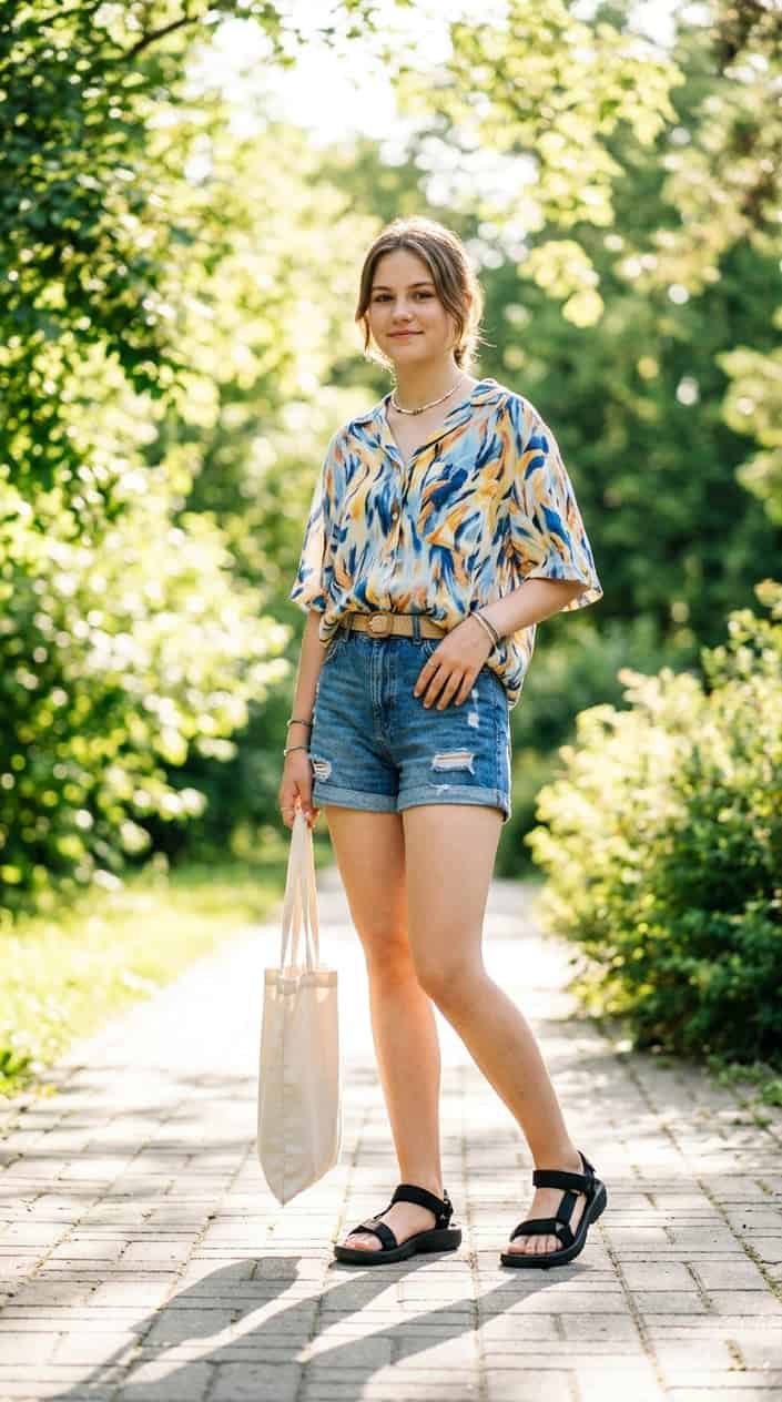 22 Teen Girl Summer Outfits for the Year She Suddenly Cares What She Wears 12 A teenage girl standing outdoors on a sunny day wearing chunky dad sandals, denim shorts, and a colorful top.