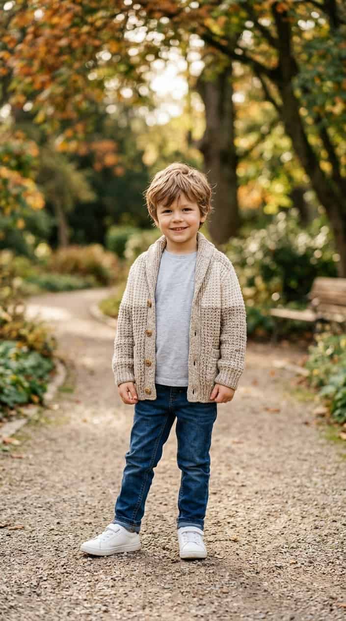 A young boy wearing a chunky knit cardigan and jeans stands outdoors in a park, smiling gently.