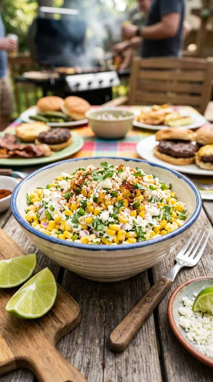BBQ Side Dishes for a Memorial Day Cookout 9 A bowl of Mexican street corn salad with corn, cilantro, and lime wedges on a wooden table.