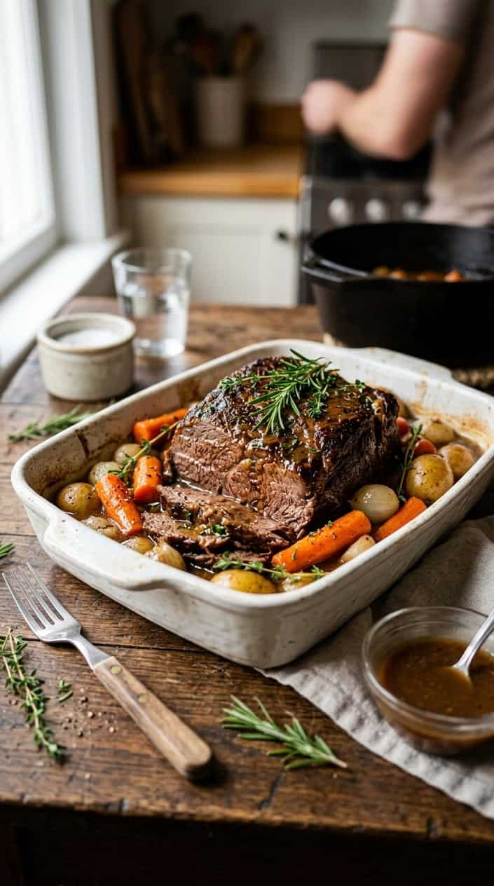 A cooked beef pot roast with carrots and rosemary served in a dish on a wooden table.