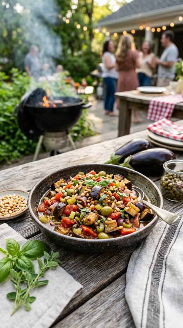 BBQ Side Dishes for a Memorial Day Cookout 11 A bowl of classic caponata with eggplant and pine nuts on a wooden table surrounded by fresh ingredients.