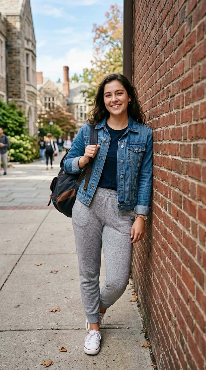 A young adult outside a school building wearing a medium-wash denim jacket over a neutral gray jogger, holding a backpack.