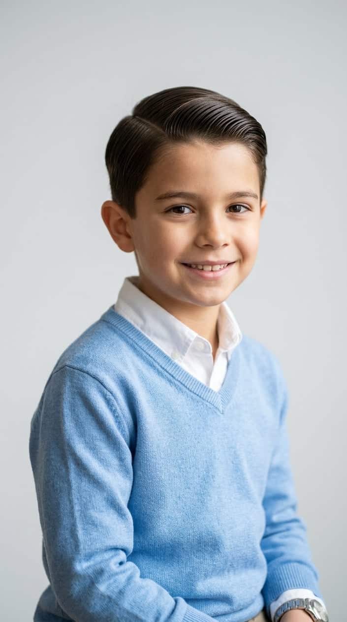 A young boy with neatly combed hair and a side part, wearing a smart casual outfit, looking confidently at the camera.