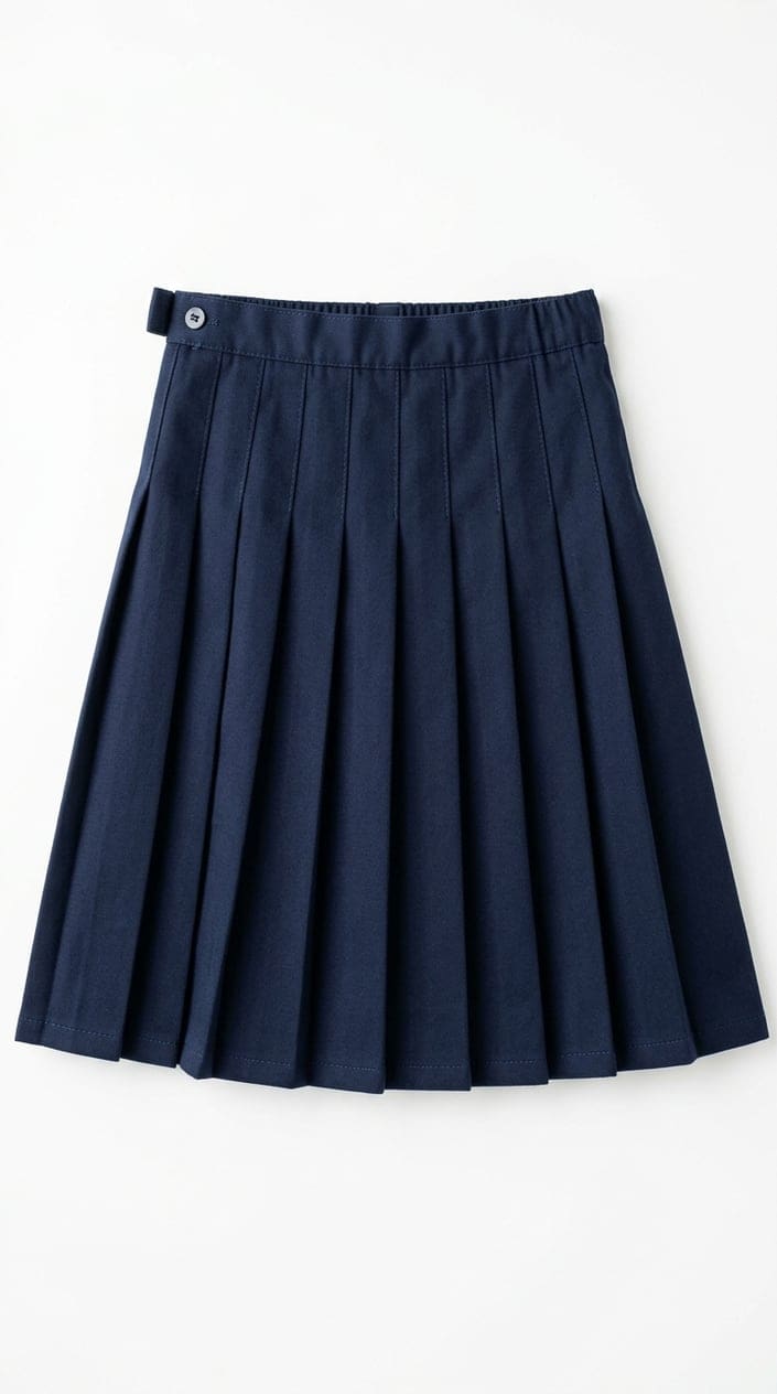 A navy blue pleated skirt for elementary school children displayed on a white background.