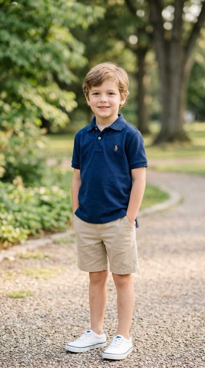 A young boy wearing a navy polo shirt and khaki pants stands outdoors with a smile.