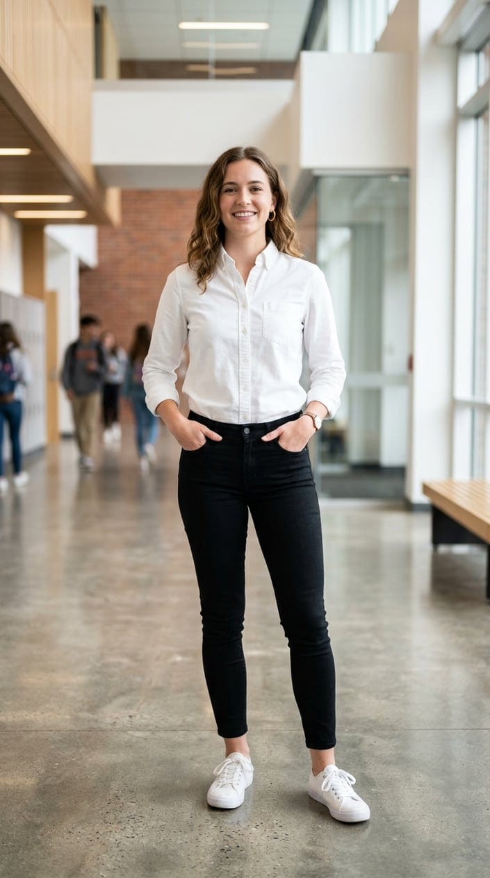 A person standing in a bright room wearing a slightly boxy white cotton poplin oxford with rolled sleeves and slim black jeans.