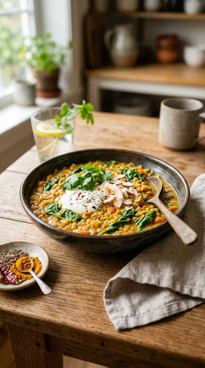 A bowl of coconut curry lentils with spinach on a wooden table, with a spoon and spices nearby.