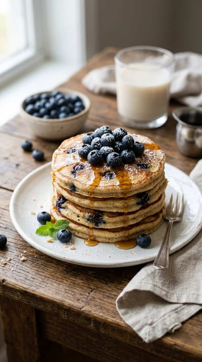 A stack of coconut flour blueberry pancakes topped with fresh blueberries and syrup on a white plate on a wooden table.