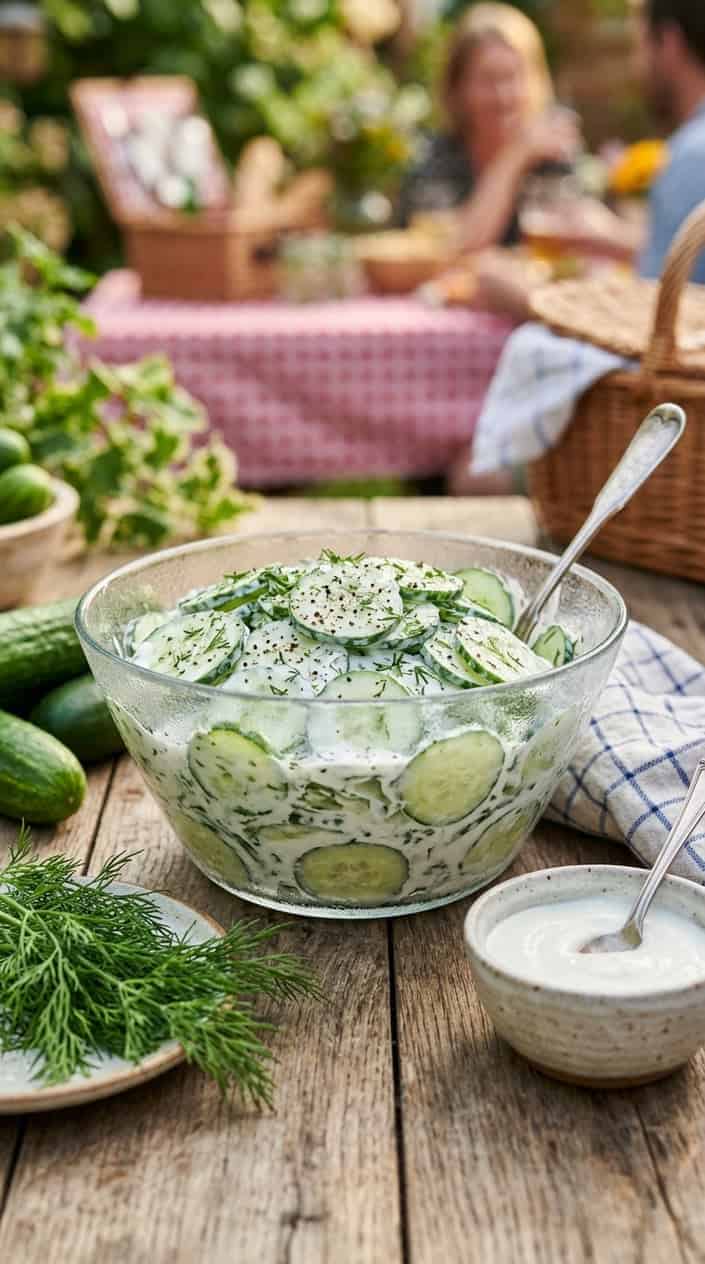 BBQ Side Dishes for a Memorial Day Cookout 12 A bowl of cucumber-dill yogurt salad on a wooden table with fresh cucumbers and dill nearby.