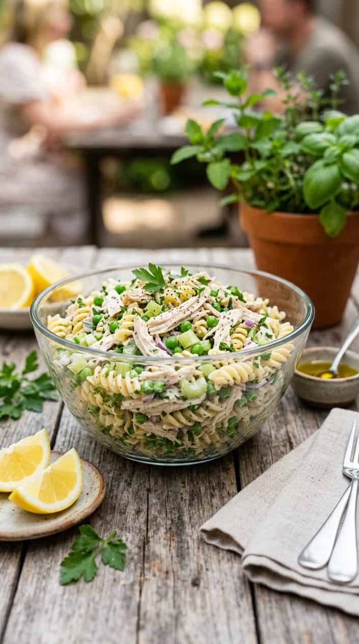 Summer Meals That Skip the Oven 19 A bowl of cold rotisserie chicken pasta salad with peas on a wooden table, surrounded by lemon wedges and kitchen items.