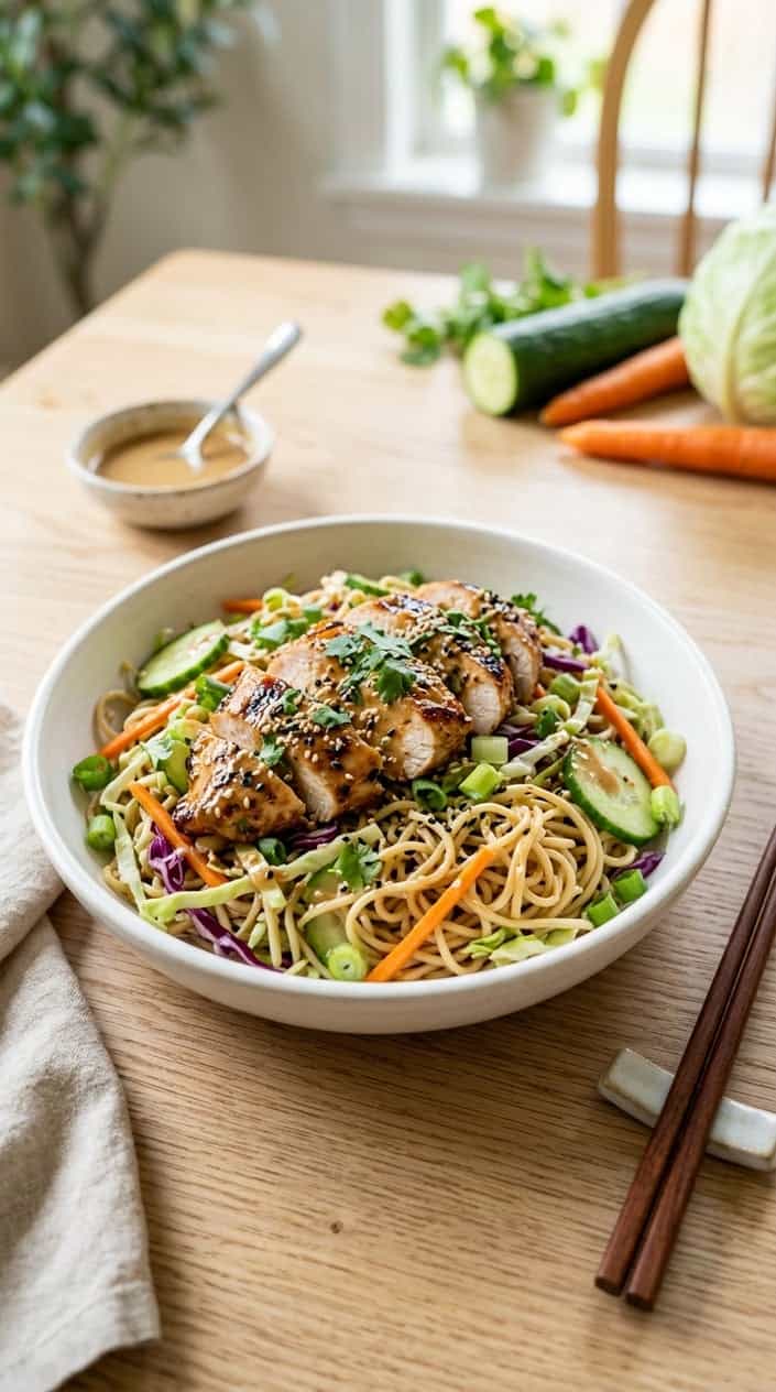 A wide bowl of cold ramen noodles tossed with shredded chicken, purple cabbage, shredded carrot, and sliced green onion, finished with a drizzle of sesame dressing and a generous sprinkle of sesame seeds.